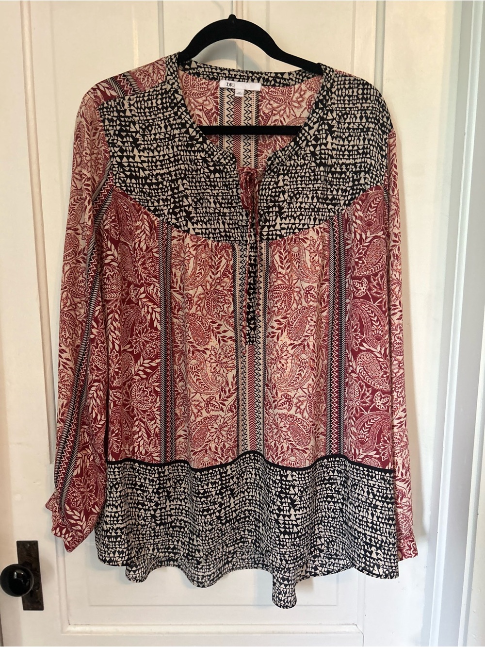 DR2 Boho Printed Long-Sleeve Tunic Top - Burgundy and Black